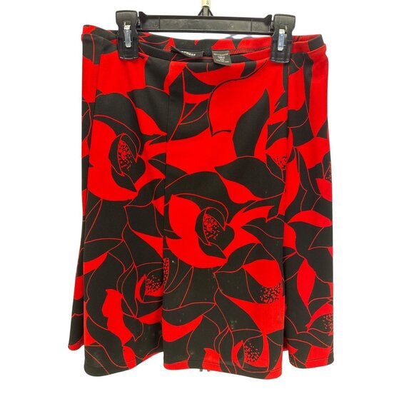 Express Rose Print Skirt XS Black Red Floral Pull-On Knee Length Flowy Party - Picture 2 of 7